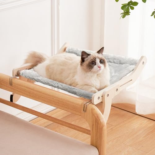 TOTHDATE Cat Window Seat for Indoor Cats, Wooden Cat Window Perch Frame Large Cat Window Hammock for Window Sills Bedsides Balcony, Grey Plush