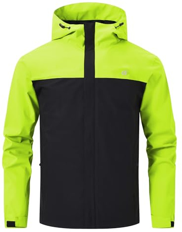 Huayuzh Jacke Herren Softshelljacke Wasserdichte Atmungsaktiv Winddichte Regenjacke Leichte mit Kapuze Laufen Wandern Fluoreszenzgrün Schwarz L