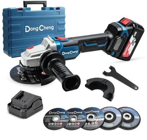 DongCheng Amoladora angular a batería 20 V 125 mm, motor sin escobillas, cubierta de liberación rápida, empuñadura antivibración, 2 discos abrasivos, 2 discos de corte, batería de 4,0 Ah.