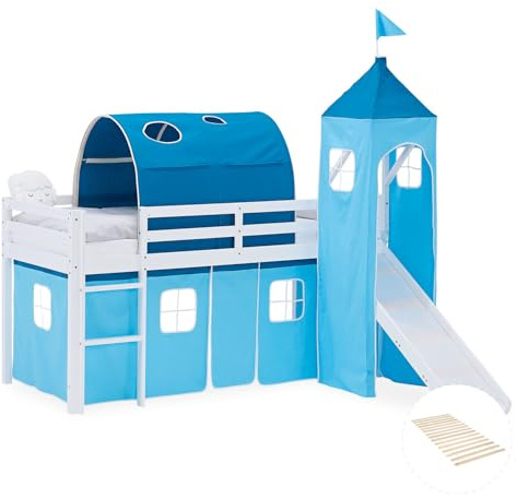 Homestyle4u Hochbett mit Rutsche Lattenrost 90x200 cm Weiß, Kinderbett aus Holz Kiefer, mit Turm Tunnel Vorhang Blau, Artikel 2995