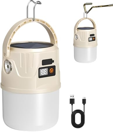 Farol solar para camping, luz al aire libre, lámpara de tienda de campaña, linterna LED impermeable, gancho y pantalla de batería, ABS de 142 g, brillo de 300 lm con impermeabilidad IPX4, carga a