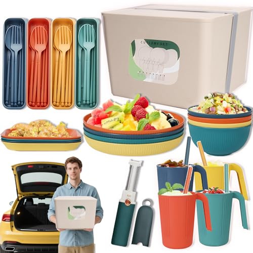42pcs Unbreakable Dinnerware Sets for 4 People, Camping/Picnic Dinner Sets with Storage Case, Lightweight Colorful BBQ Plastic Serving Plates, Bowls, Cups,Cutlery Set, Forks,Tableware