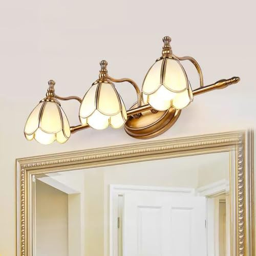 LED Wall Sconce Light Modern Bathroom Vanity Fixtures, Vintage Brushed Antique Over Mirror, Luxury Brass with White Frost Flower Glass Shade, E14 Hardwired French Art Lamp