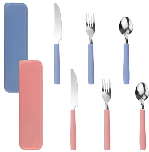 2 Piezas Uego de Cubiertos Acero Inoxidable,con Estuche,Juego de vajilla de viaje portátil, perfecto para camping, escuela y oficina,rosa y azul