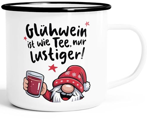 MoonWorks® Emaille-Tasse mit Spruch Glühwein ist wie Tee nur lustiger Emaille-Becher Geschenkidee Wichtel Winter Weiss-schwarz standard