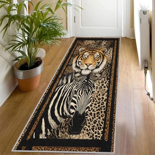 Tiger Zebra Wildtier Muster Teppich Läufer Flur 60x300, Waschbar Rutschfest Leopardenmuster Teppichläufer, Weich Kurzflor Lang Flurläufer für Wohnzimmer Schlafzimmer Bettvorleger Küchen, dS372