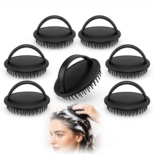 6 Pcs Hair Scalp Scrubber Massager Brush, Black Shampoo Brush with Finger Loop Handle, Handheld Dandruff Remover and Scalp Exfoliator for Wet Dry, Portable Hair Scrubber for Men, Women and Pets