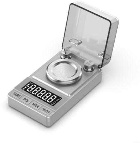 Digitale Milligramm-Waage, 0,001 g, Schmuck-Goldwaage, 50 g Kapazität mit Tara- und PCS-Modus, tragbare Taschenwaage für Edelsteine und Metalle, Schwarz (Silber)