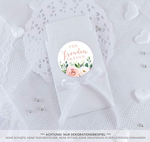 Freuden Tränen Taschentücher Set zur Hochzeit Klein 24 Sticker + 24 weiße Flachbeutel 63 x 93 mm Freudentränen Taschentuch Verpackung BOHO HIPPIE ROSEN EUKALYPTUS BLATT APRICOT WEIß ROT ROSA BLAU