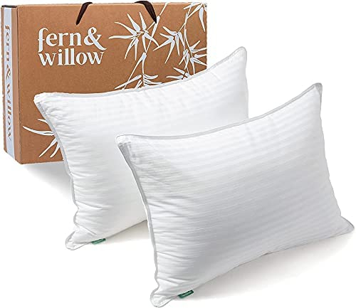 Fern and Willow Pillows for Sleeping - Set of 2 Queen Size Bed Pillow Set w/Luxury Plush Cooling Gel for Stomach, Back & Side Sleepers