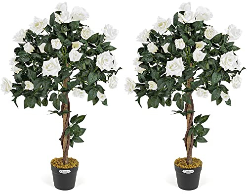 Christow Artificial Rose Tree in Pot, Cream Flowers, 3ft, Pair | UV-Protected Foliage & Flowers, Twisted Wooden Trunk, Weighted Pot, Indoor & Outdoor Decoration, Ideal for Homes & Gardens