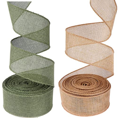 HEZUNHZ Burlap Ribbon, 2 Rolls Natural Jute Craft Ribbon for Christmas Wedding Gifts DIY Packing Vintage Party Decoration (Style 1)