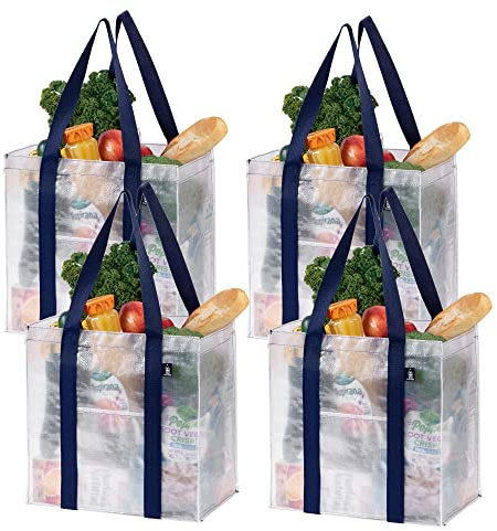 VENO 4-pack vikbara shoppingkassar med handtag och hård botten för att ställa upp, återanvändbara, kan användas som shoppingkorgar och väskor (transparent, 4-pack)