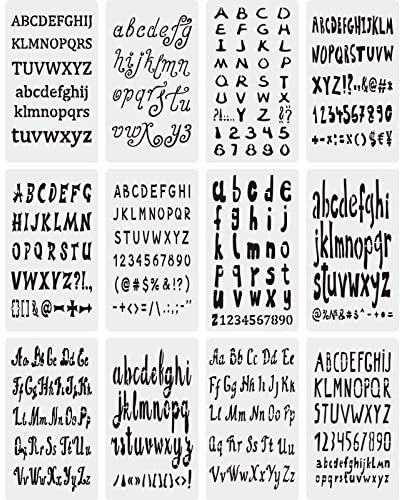 Dianelhall 12 PCS Journal Letter Stencils for Crafts Reusable Engraving Stencils 4 x 7 Inch Calligraphy Letters Alphabet Number Plastic Planner Templates for DIY Craft Project