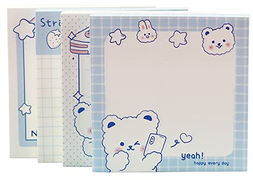4 Pack Cute Sticky Notes Kawaii Sticky Notes Memo Pads 3.1x3.1 Inches Fresh Bear Series Self-Stick Note Pads for Girls Boys Students School Office Home (320 Sheets), 4 Pads 80 Sheets/Pad
