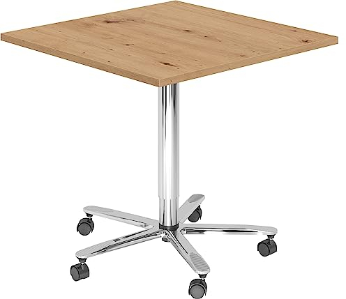 bümö Säulenhubtisch höhenverstellbar, Stehtisch Büro, Bistrotisch eckig 80 x 80 cm - Besprechungstisch Asteiche, Stehtisch Holz-Platte, Säule aus Metall verchromt, Säulentisch, Hochtisch
