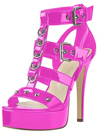 Only maker Sandalo da donna con tacco alto e plateau, con borchie effetto laccato, nero, Vivamagenta, 38 EU