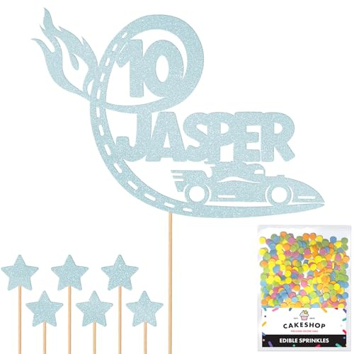 Personalised F1 Motor Racing Car Glitter Cake Topper - Light Blue Custom Age & Name Glitter Cake Decoration and Sprinkles - Happy Birthday Decorations - Personalised Toppers for Cakes by Cakeshop
