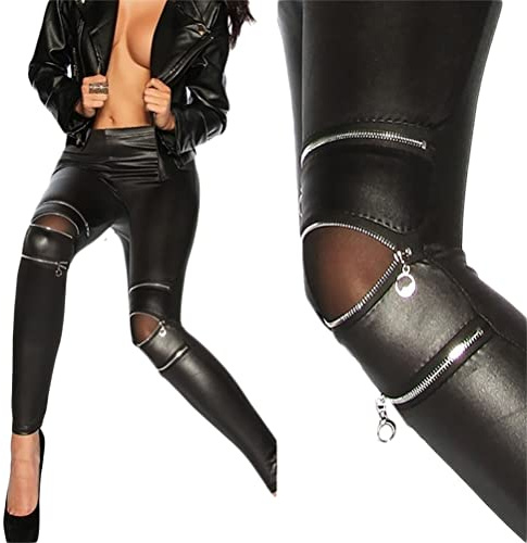 ORANDESIGNE Damen Lederoptik Leggings Kunstleder Hose Hohe Taille Stretch PU Lederhose Skinny Leggins Strumpfhose Hohe Taille Bleistifthose Freizeithose C Schwarz M