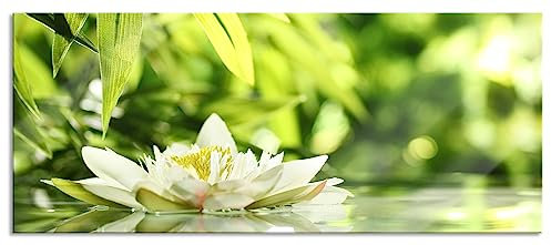 Pixxprint Glasbild Panorama, Wandbild aus Echtglas, Weiße Seerose im Wasser Wellness, 120x50 cm, inkl. Aufhängung und Abstandshalter