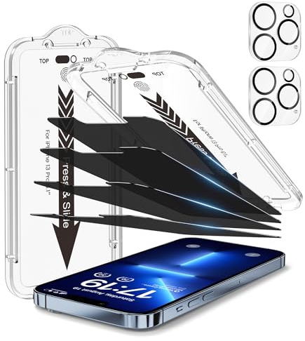 EZ-GLAZ 4-Pack Screen Protectors for iPhone 13 Pro[6.1] Black Privacy with Flawless Fit Kit + 2-Pack Camera Lens Protector, 15-Second Bubble-Free Installation, 9H Hardness, 12FT Military Grade Shatterproof, Scratch Resistant, Tempered Glass