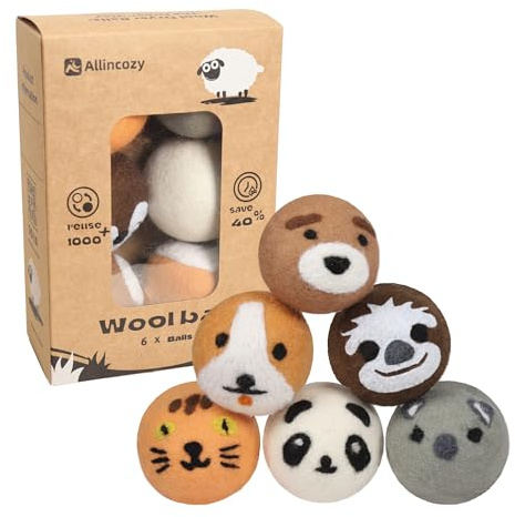 ALLINCOZY Wool Dryer Balls Laundry Reusable, Natural Eco-Friendly Fabric Softener Reduce Clothing Wrinkles, New Zealand Wool Laundry Balls for Dryer (Pack of 6, Animal)
