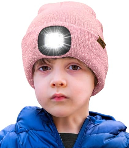 ATNKE Kids LED Beleuchtete Mütze mit Licht,Wiederaufladbare USB 4 LED Laufmütze Extrem Heller Lampe Winter Warme Stricken Mütze Großartig Geschenke für Jungen und Mädchen