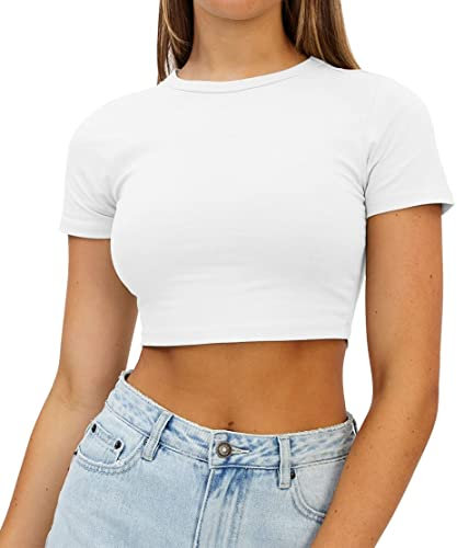 AirMood Womens Crop Summer Tee Tops Short Sleeve Casual Cropped Tshirt (White,M)