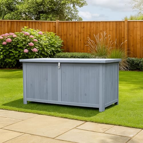 AIRWAVE Wooden Garden Storage Box With Lockable Showerproof Lid Wooden Chest Container For Patio Cushions Outdoor Toys and Tools, Stylish Interlocking Fir Wood Design (Small 300Ltrs)