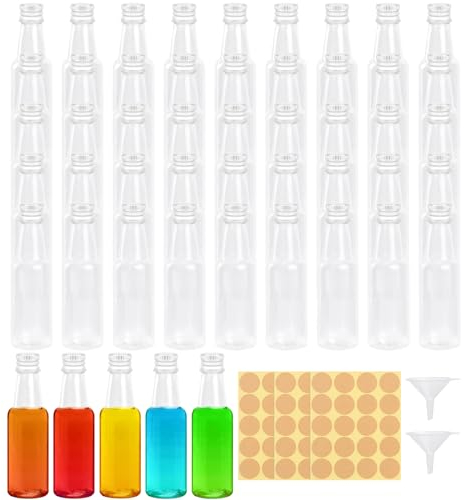 Liwein Lot de 50 petites bouteilles en plastique 50 ml à remplir, couvercle, entonnoir et étiquette pour liqueur, Noël, mariages