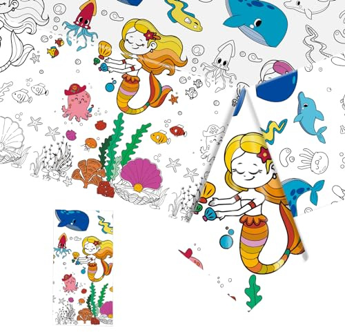 Coloring Tablecloth for Kids,137*274cm Giant Colouring Table Cloth,Paper Tablecloths Mermaid Rectangular Table Cover for Parties,Art Coloring Educational Tablecloth Party Supplies for Boys Girls