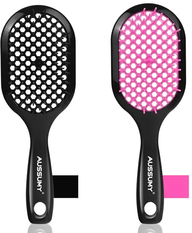 Aussumy Vented Detangling Hair Brush - 2 Pack Detangler Hairbrush for Effortless Tangle Removal - Ultra-Soft Bristles -For Natural Curly Straight Wet Dry Damaged Hair for Women Men Kids - Black & Pink