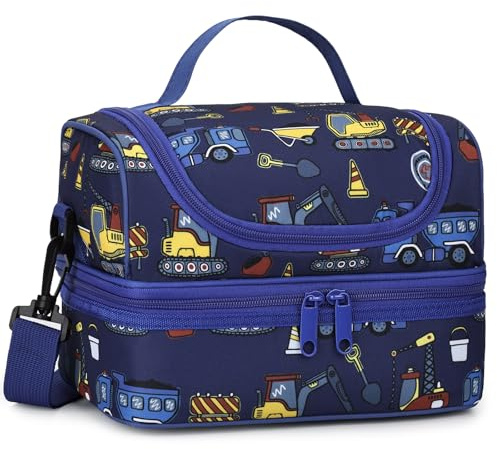 Kasgo Lunch Bag for Kids, Cute Insulated Lunch Box Bag for Boys and Girls Dual Compartments Cooler Bag with Detachable Adjustable Shoulder Strap, Blue Cars