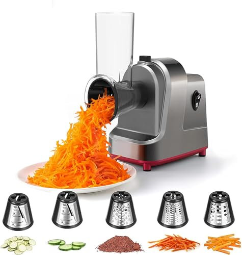 Electric Cheese Grater Vegetable Slicer -250W Rotary Chopper Salad Maker with 4 Stainless Steel Drums for Cucumber, Carrot, Potato, Nuts, Chocolate