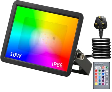 Phlbao 10W LED Floodlight Outdoor, 220V Colour Changing Flood Lights with Remote Control, 16 RGB Colours, Timing, 4 Modes, IP66 Waterproof