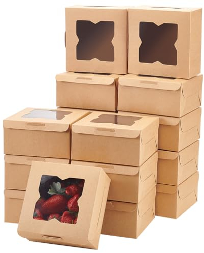 MAYJOYDIY 30 Stück Brauner Kasten mit Fensteröffnung Natürlichem Kraftpapier Quadratische Kraft Box 15.1x15.2x7.6cm