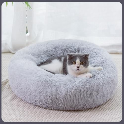 Xshelley Beruhigendes Hunde- und Katzenbett, Anti-Angst, Donut-Kuschelbett, wärmend, gemütlich, weich, rundes Bett, flauschiges Kunstfell-Plüschkissen, das Haustierbett ist maschinenwaschbar (50 cm)