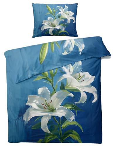 Generisch Lilie Bettwäsche 135x200 Sommer - Ölgemälde Blumenmuster Bettbezug 135 x 200 2er Set mit Kissenbezug 80x80, Weiche Mikrofaser Sommerbettwäsche mit Reißverschluss für Schlafzimmer Deko J&1