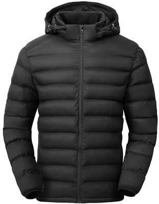 Gopune Leichte Daunenjacke für Herren, abnehmbare Kapuze, wasserabweisend, Puffy, Winter-Daunenjacken für Schnee, Skifahren, Reisen, Schwarz, L