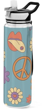 Mnsruu Transparente Sport-Wasserflasche mit Strohhalm, auslaufsichere Trinkflasche, Retro-Symbole, Fahrradflaschen für Sport, Büro, Schule, BPA-freier Tritan-Kunststoff, 1 Liter