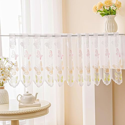 Daliena Gardinen Jacquard Weiss Scheibengardine mit Schmetterling Vorhänge Kurz Romantisch Küchengardinen Fenster mit Spitze Kurzgardine mit Lochleiste (BxH 100x45cm) 1 stück