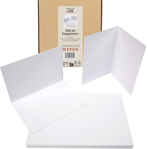 PresentFill Klappkarten blanko in Diamant Weiß - 25 Faltkarten A6, Klappkarte ideal zum Karten selbst gestalten, beschriften oder bedrucken - passend für C6 Umschläge