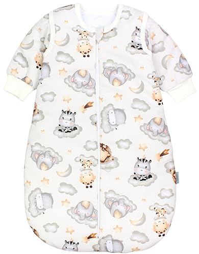 TupTam Schlafsack Baby 2.5 TOG - Ganzjahresschlafsack mit abnehmbaren Ärmeln, Farbe: Safari Tiere auf Wolken/Beige/Grau, Größe: 68-74