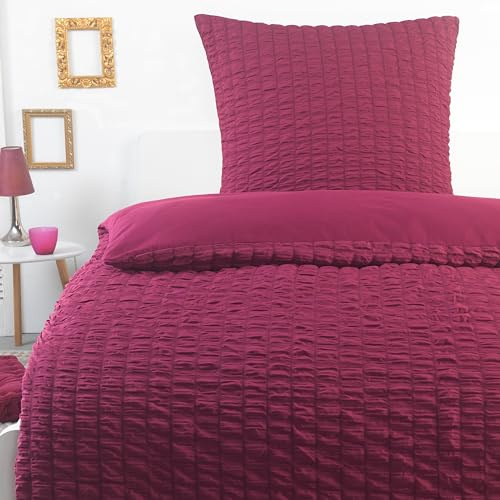 BaSaTex Seersucker Bettwäsche Set 135x200 in Box-Optik - Bettbezug und Kissenbezug - Weiche Mikrofaser - Bügelfrei - 2 teiliges Set - Farbe: Dunkelrot