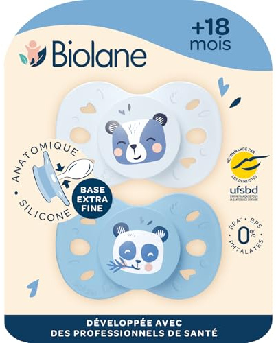 BIOLANE- Tétines anatomiques animaux- Sucettes extra-fines- 18 mois et +- Bleu bicolore- Téterelle plate et réversible- Confort optimal- Respect du développement bucco-dentaire