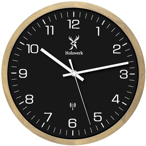 Holzwerk HILDBURG Wooden Radio-Controlled Wall Clock Wooden Clock Radio Controlled Clock Silent Movement without Ticking Noises Brown Beech Black White Silent Solid Wood Natural 30 cm (HW Beech Black)