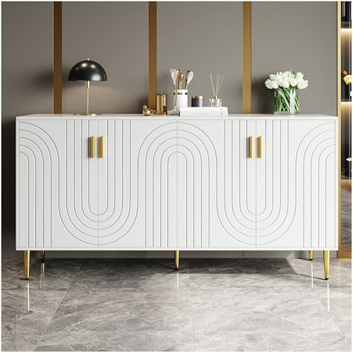 Zubaliya Buffet Salle a Manger Moderne 152 x 40 x 75 cm,au Design ondulé Unique et aux poignées et Pieds dorés,Buffet Cuisine,Armoire de Rangement,Blanc