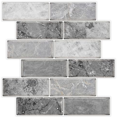 10 PCS Grey Tile Stickers for Bathroom Peel and Stick Wall Tiles Stick on Back Splashes for Kitchen Self Adhesive Waterproof Tiles - 30.5x30.5cm