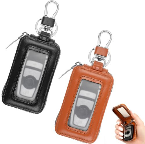 Car Key Cover, Car Key Holder, 2 Pcs Leather Key Fob Protection Pouch with Metal Hook and Keyring Zipper Bag, Transparent Window Car Key Fob Case for Men and Women