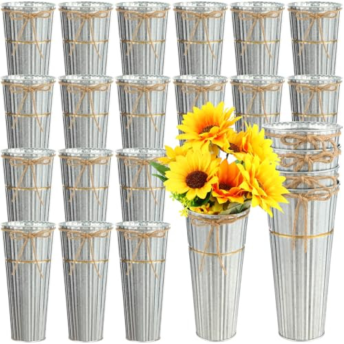 16 Pcs 9 Inch Galvanized Metal Flower Vases Bulk Vases for Centerpieces Floral Flower Bucket with Twine Bow Rustic Vintage Wedding Farmhouse Tin Bucket Decor for Wedding Flowers Home Table(Sliver)